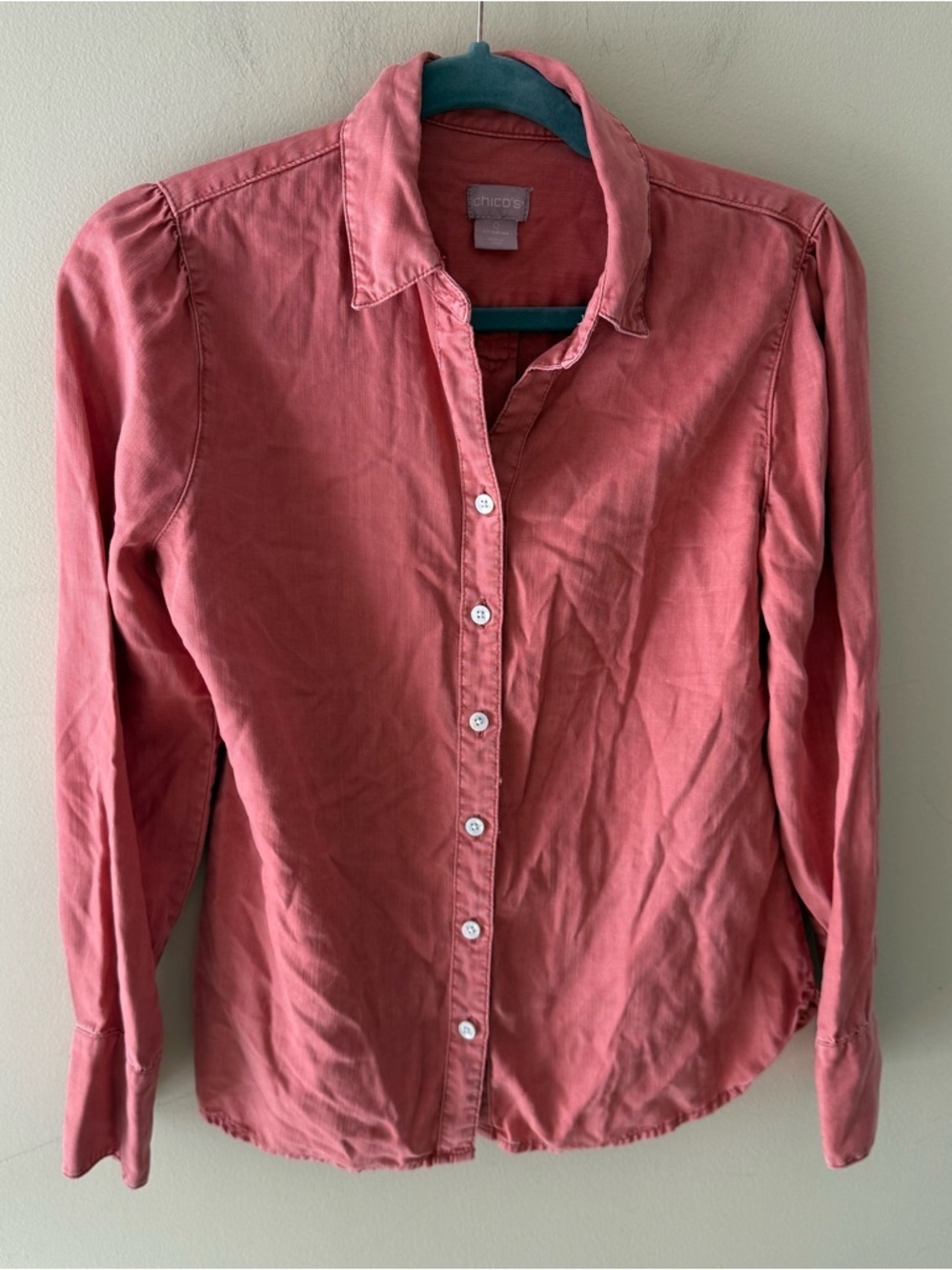CHICOS Soft button front Blouse long sleeve mineral wash salmon coral size 4/6